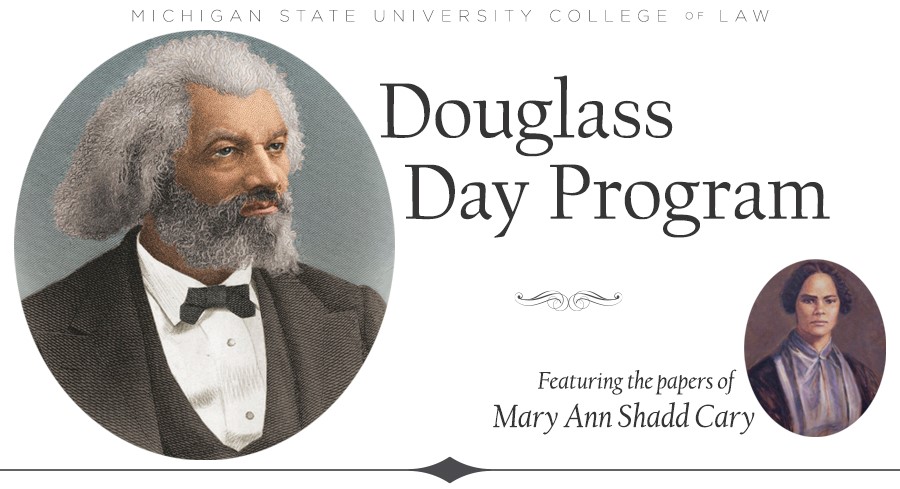 Painted portraits of historical figures with text saying Douglass Day program featuring papers of Mary Ann Shadd Cary