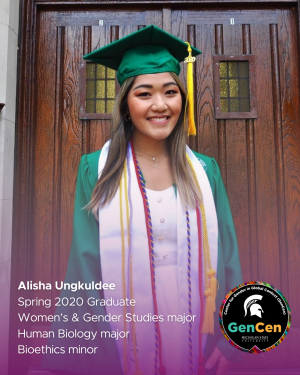 Alisha Ungkuldee wearing a green cap and gown
