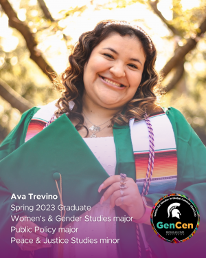 Ava Trevino smiling in a green graduation gown and holding a green cap