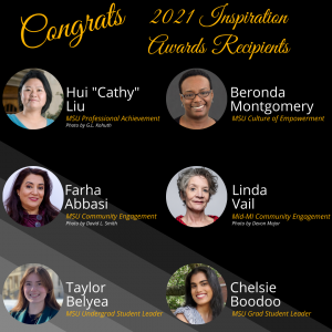 2021 Inspiration Award Recipient Announcement Picturing the 6 winners: Hui Liu, Beronda Montgomery, Farha Abbasi, Linda Vail, Taylor Belyea, and Chelsie Boodoo