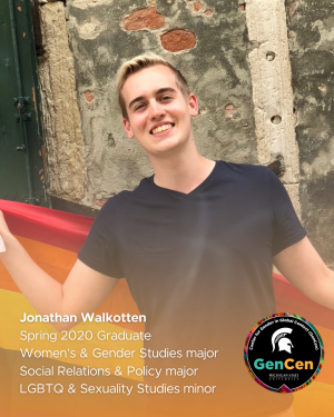Jonathan Walkotten holding a rainbow pride flag in Amsterdam