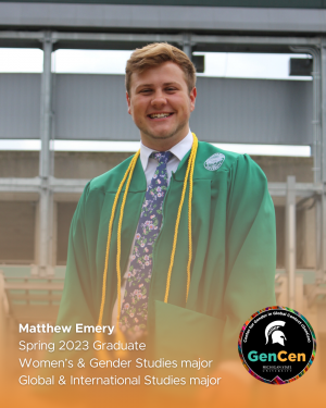 Matthew Emery wearing a green graduation gown and blue flowery tie
